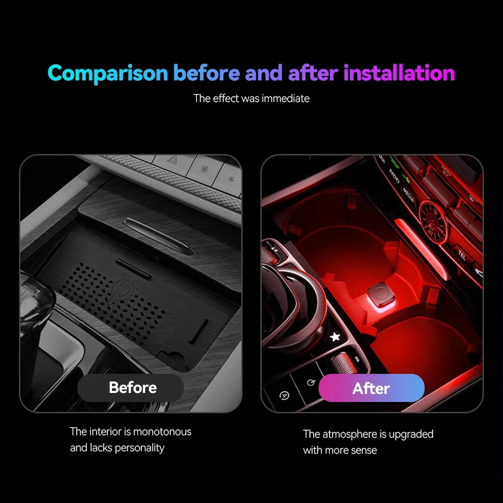 Comparison showing a car interior before and after installation of ambient LED lights.