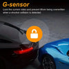 A close-up of a car's rear, showing a G-sensor feature overlay on the glass.
