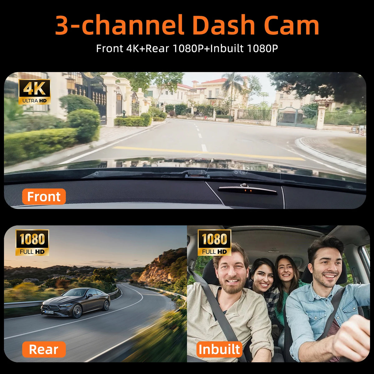 A montage showing a front dash cam view, a rear dash cam view, and an inbuilt camera view of a car.