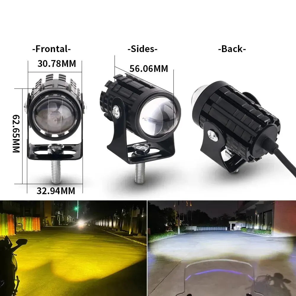 View of a universal dual-color LED motorcycle or ATV headlight with frontal, side, and back views.