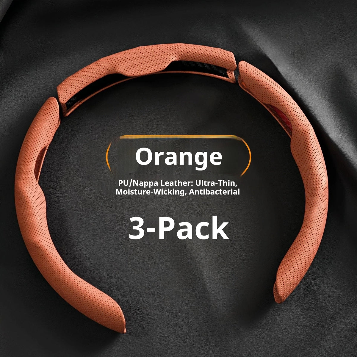 Orange PU/Nappa Leather steering wheel covers in a 3-pack shown against a dark background.
