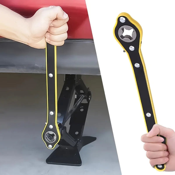 A hand holds a yellow and black heavy-duty ratchet wrench designed for tire and jack maintenance.