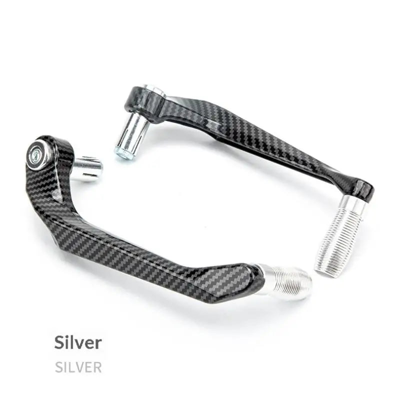 Silver motorcycle hand guard and lever protector with textured black grip and metal fittings