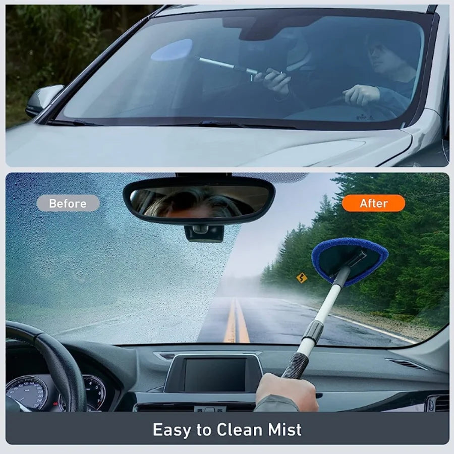 Before and after comparison showing an extendable car window cleaning brush set used to clean a windshield.