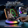 حامل هاتف سيارة لاسلكي دوار مع قاعدة شحن RGB وذراع تثبيت ذاتي المحاذاة للشحن السريع.