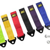 A collection of heavy-duty bumper tow hooks with colored ropes for vehicle recovery.