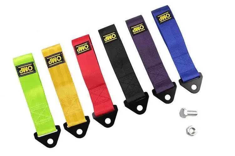A collection of heavy-duty bumper tow hooks with colored ropes for vehicle recovery.
