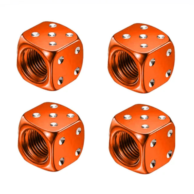 Set of four hexagonal aluminum alloy tire valve caps in orange color