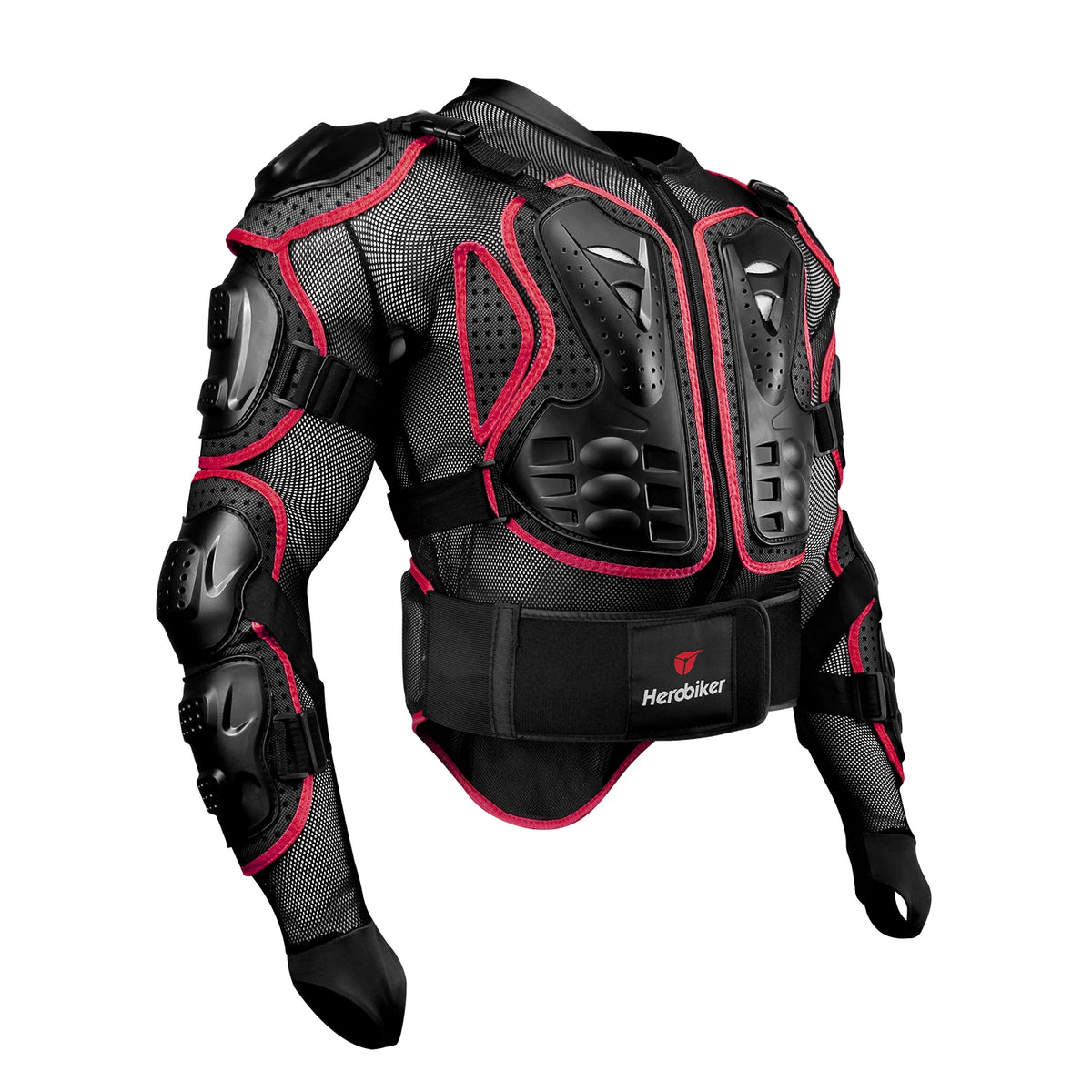 Black and red heavy-duty motocross riding jacket with armored features