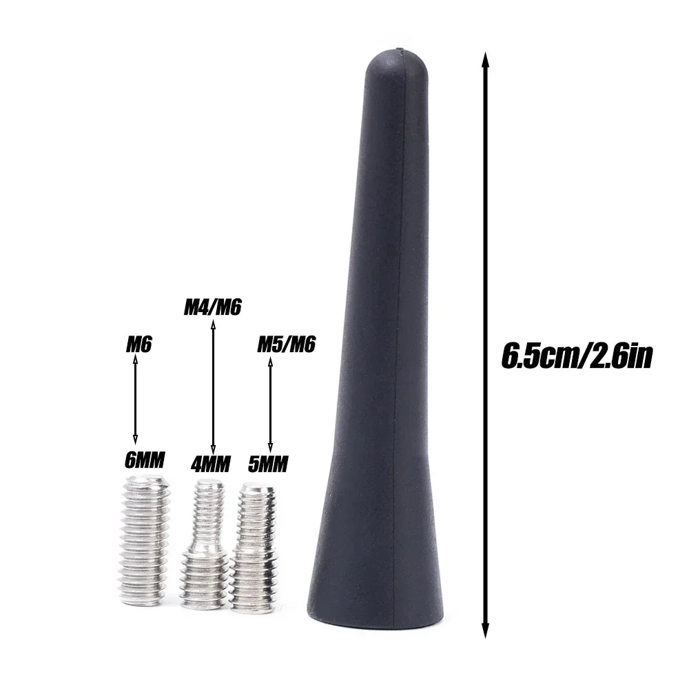 A black universal car roof antenna with a threaded tip and mounting post.