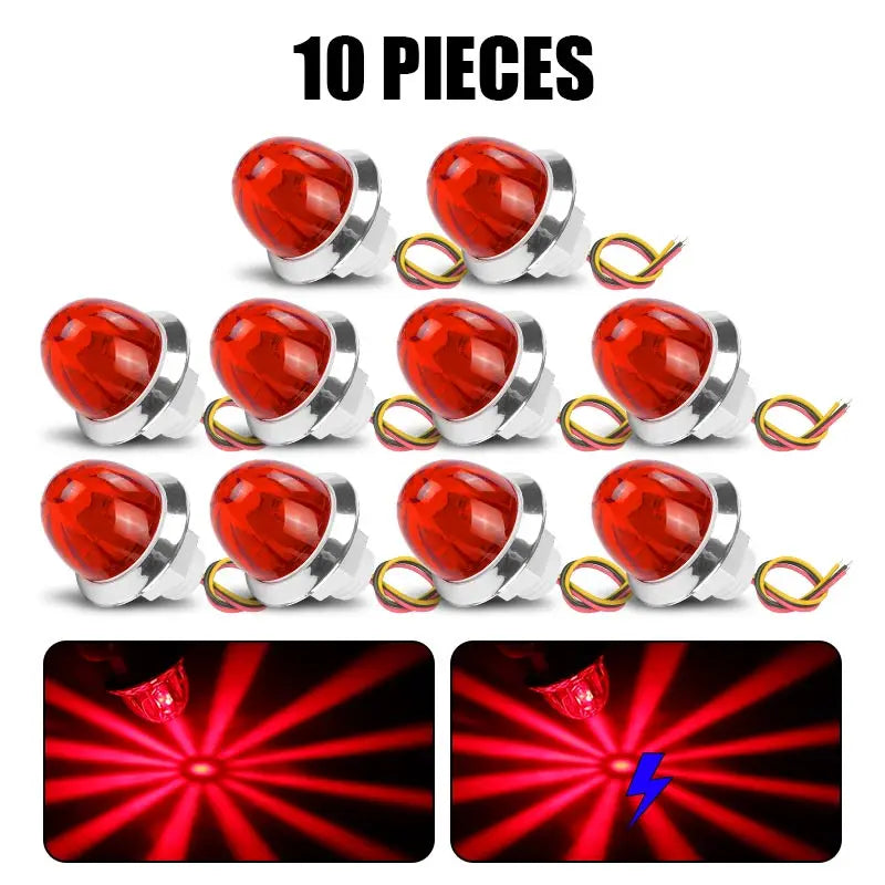 Ten pieces of mini LED flashing turn signals for trucks and trailers shown in various angles.