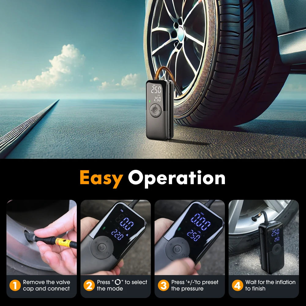 A guide showing four steps for easy operation of a portable digital air pump for tires and balls.