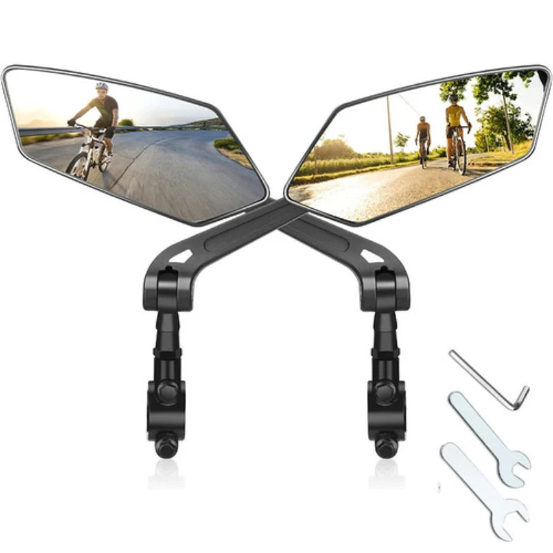 A black 360° adjustable motorcycle rearview mirror with multiple viewing angles shown.