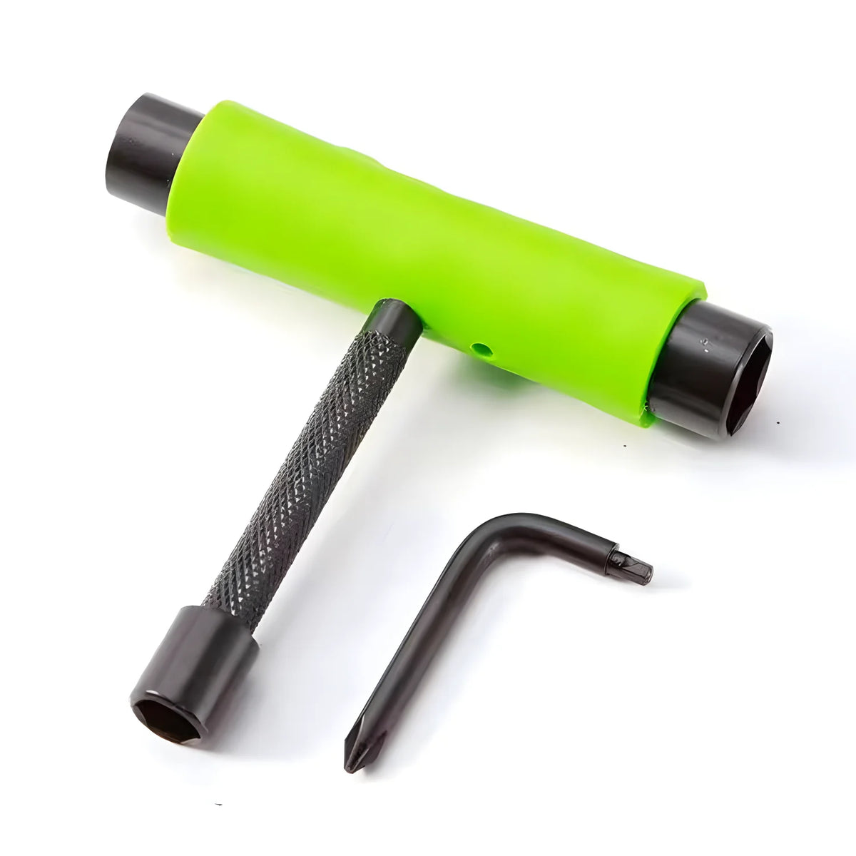A bright lime green multi-tool set with a black handle and attachment for skateboards or boards.