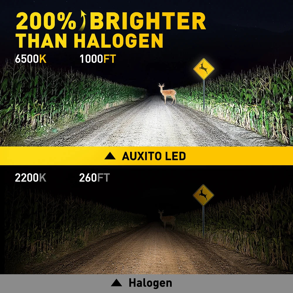 Comparison image showing a bright LED headlight illuminating a deer on a dirt road against a dark background.