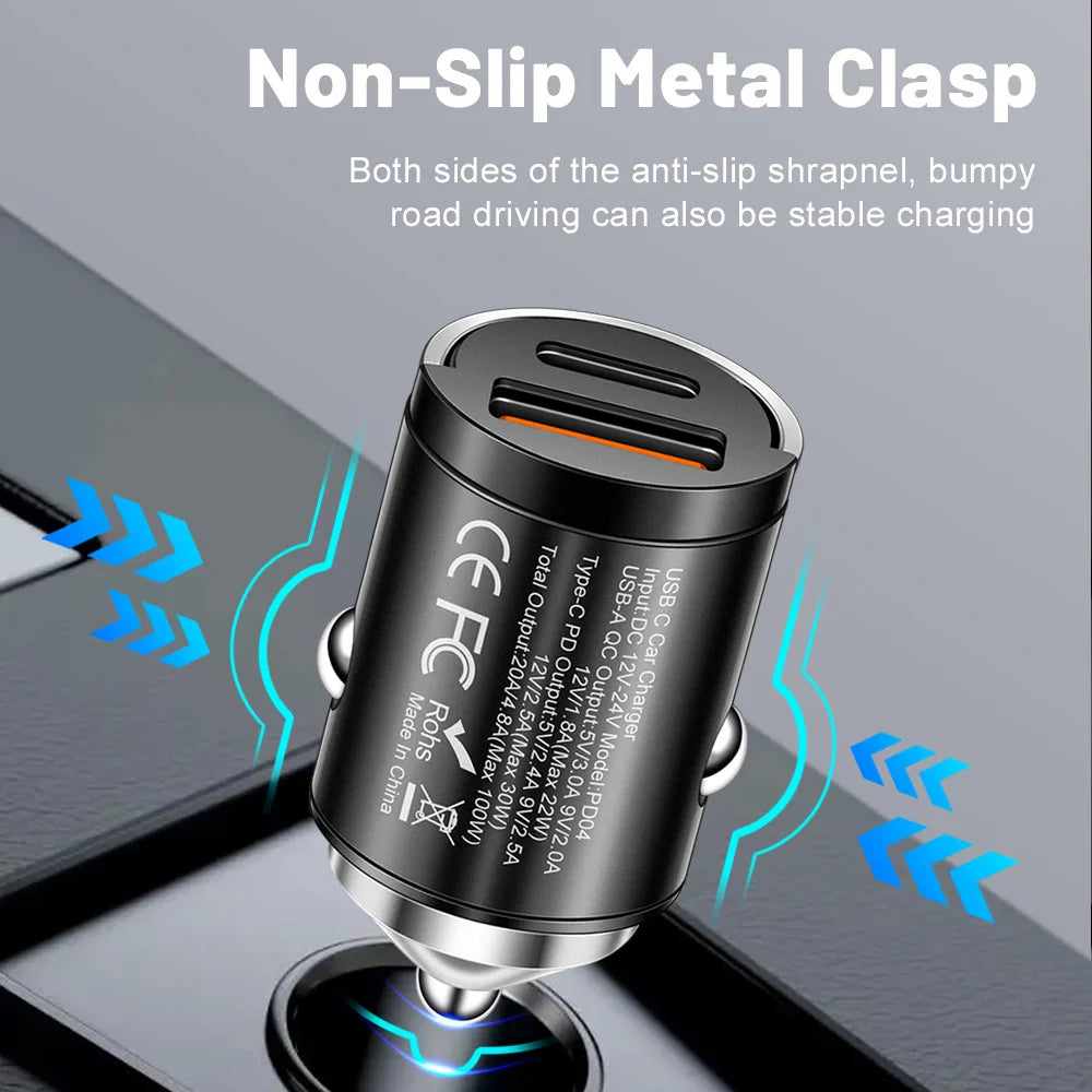 A close-up view of a non-slip metal clasp charging connector for a car, showing the CE certification mark.