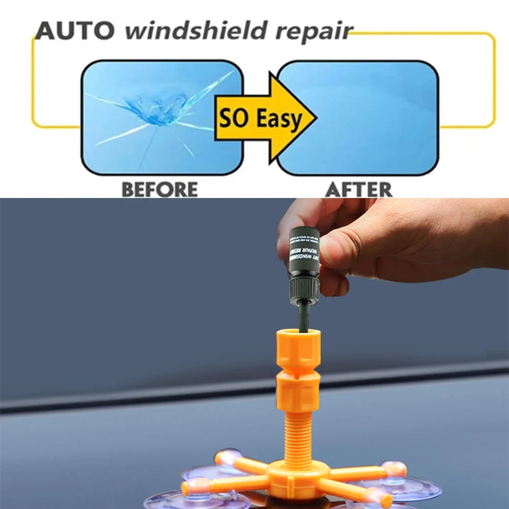 Eine Hand hält ein Scheibenreparaturset mit einem orangefarbenen Dichtwerkzeug und mehreren Plastikwerkzeugen auf einer Glaso
