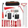 A collection of red and black professional tools for car door repair and alignment, including levers, picks, and alignment ro