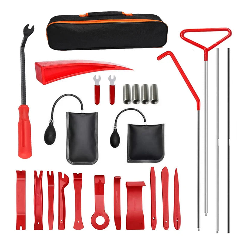 A collection of red and black professional tools for car door repair and alignment, including levers, picks, and alignment ro