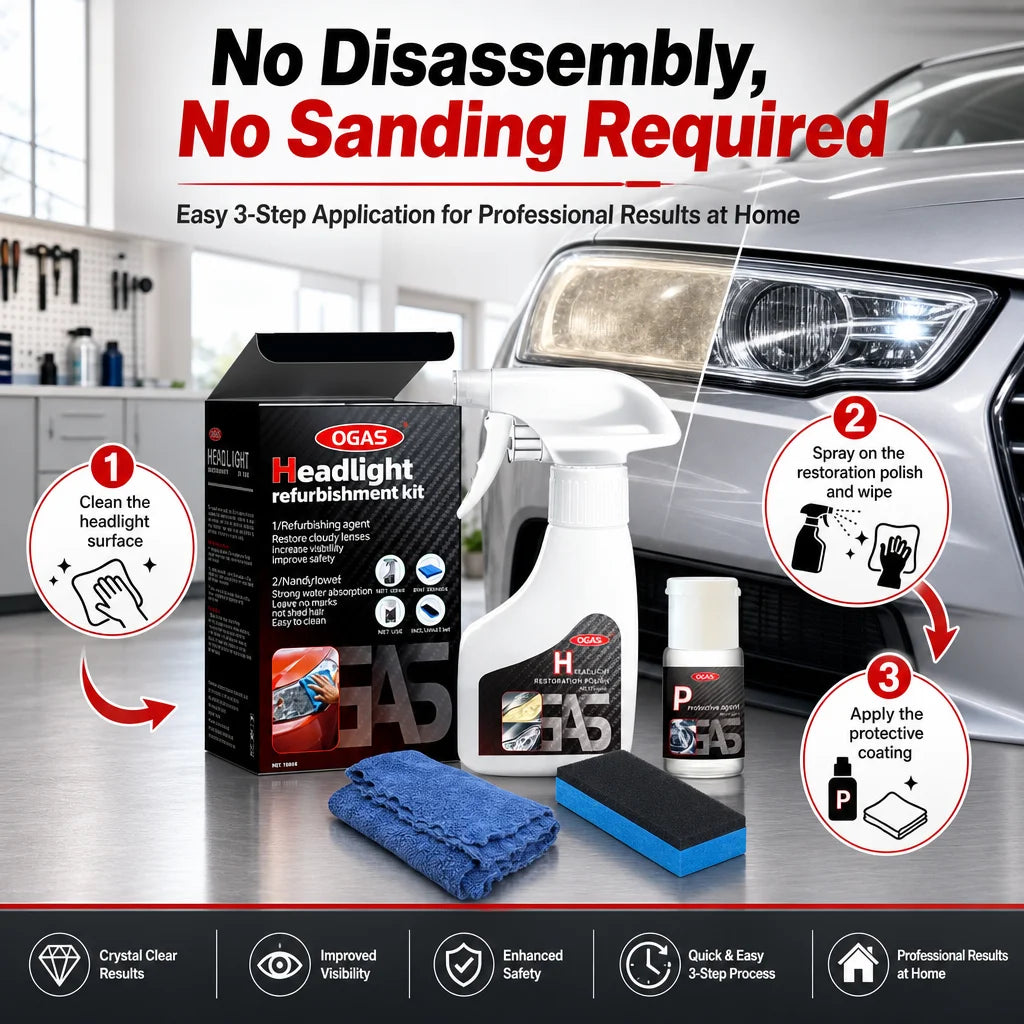 A set of headlight refurbishment kits and tools displayed on a car for professional results at home.