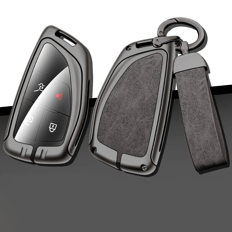 A black durable zinc alloy car key case with a keyring and lanyard attached.