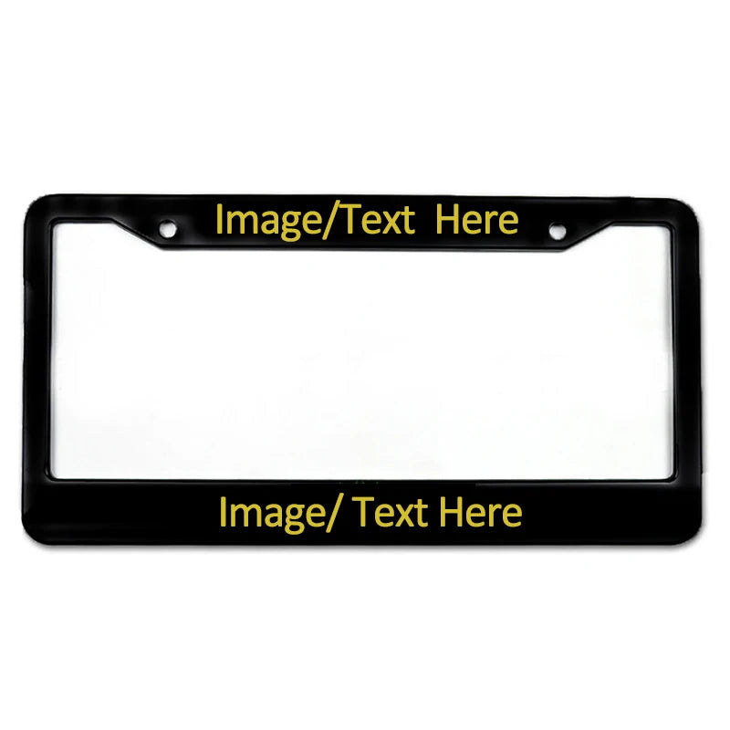 Black aluminum license plate frame with blank space for text or image