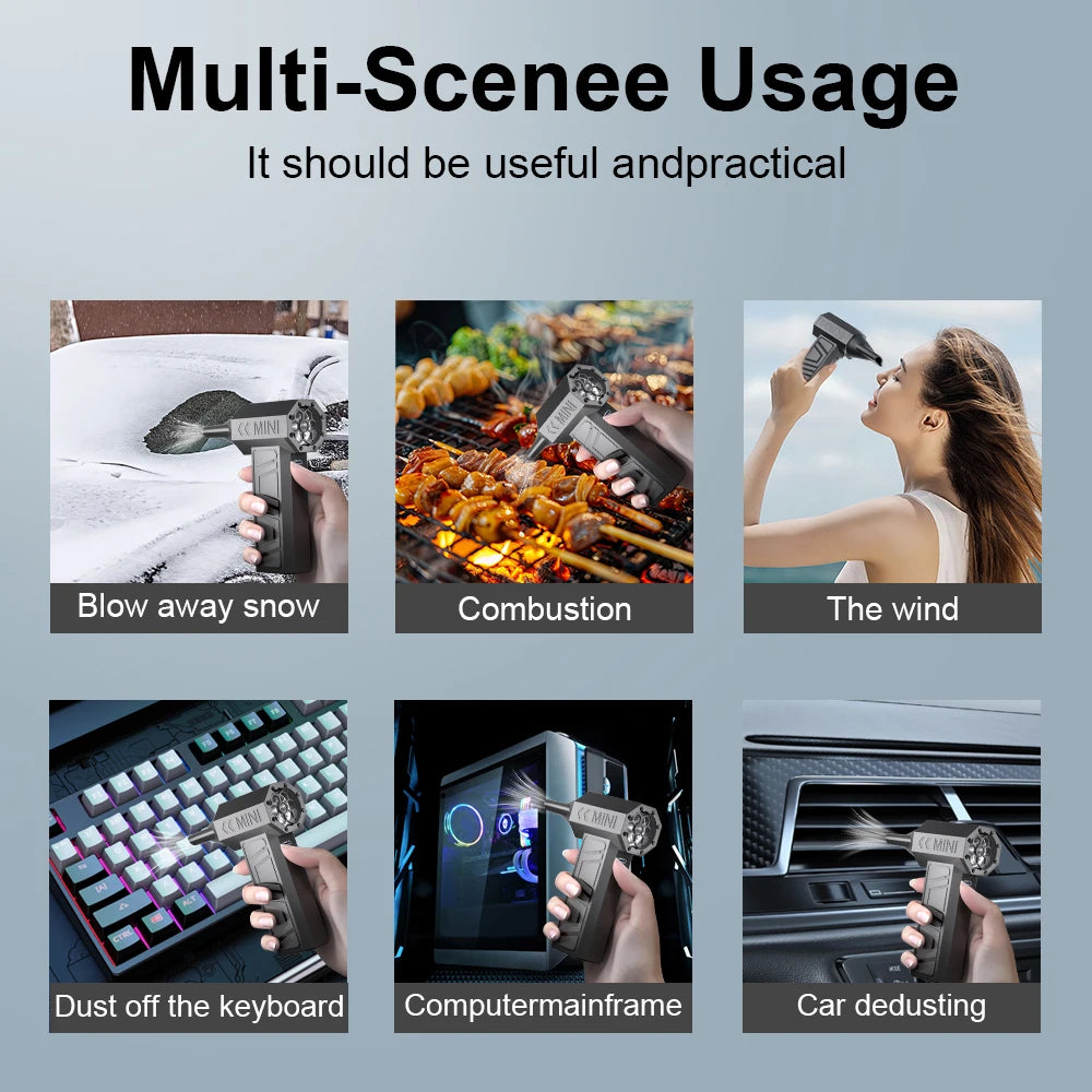 A multi-scene usage product showing various applications like blowing snow, combustion, wind, dust removal, and car cleaning.