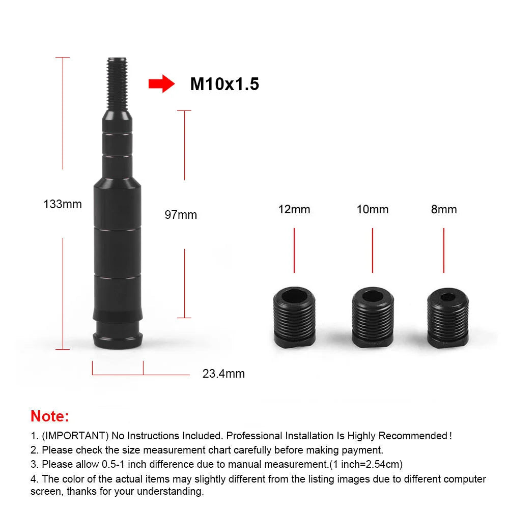 Black aluminum gear knob extension with various thread sizes and a measurement scale.