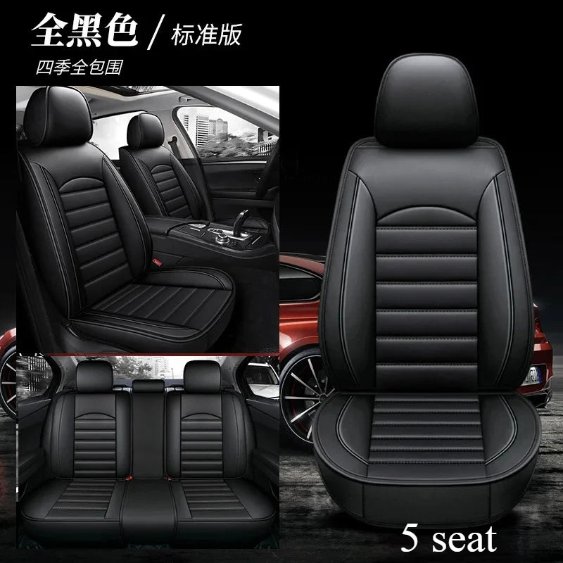 Black full coverage leather car seat covers for a 5-seat vehicle showing front and rear views.