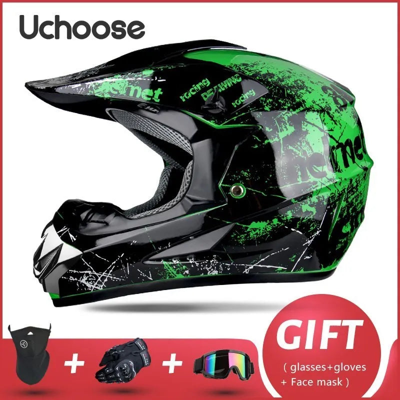 Casque de moto tout-terrain noir et vert Uchoose avec accessoires.