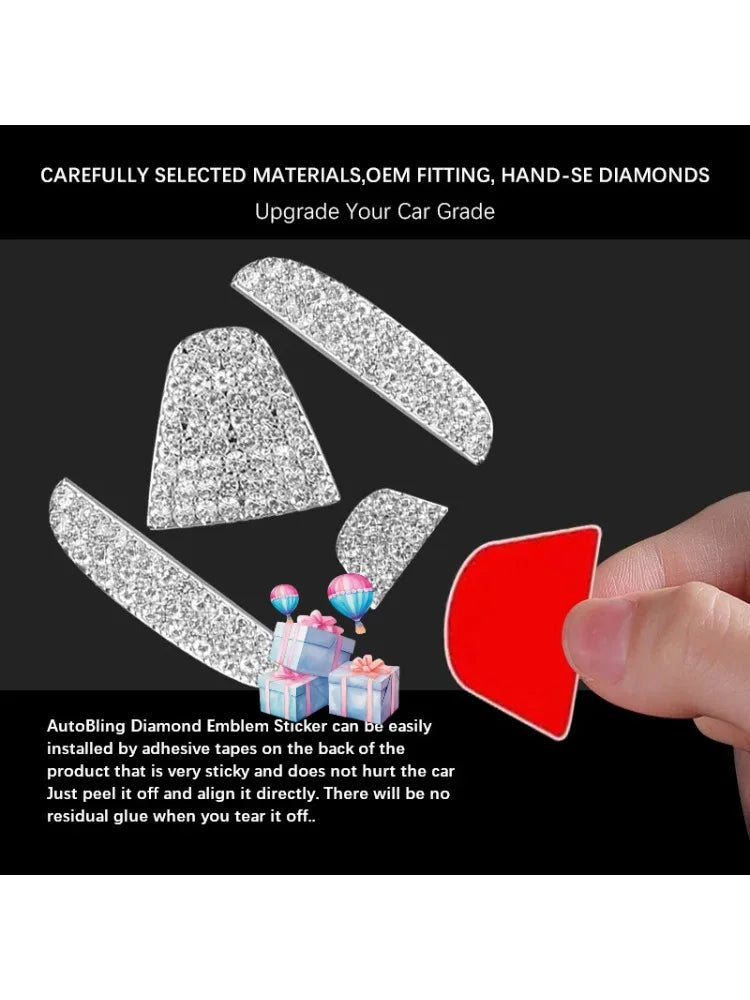 Close-up of diamond emblem stickers being applied to a car part for upgrading the car grade.