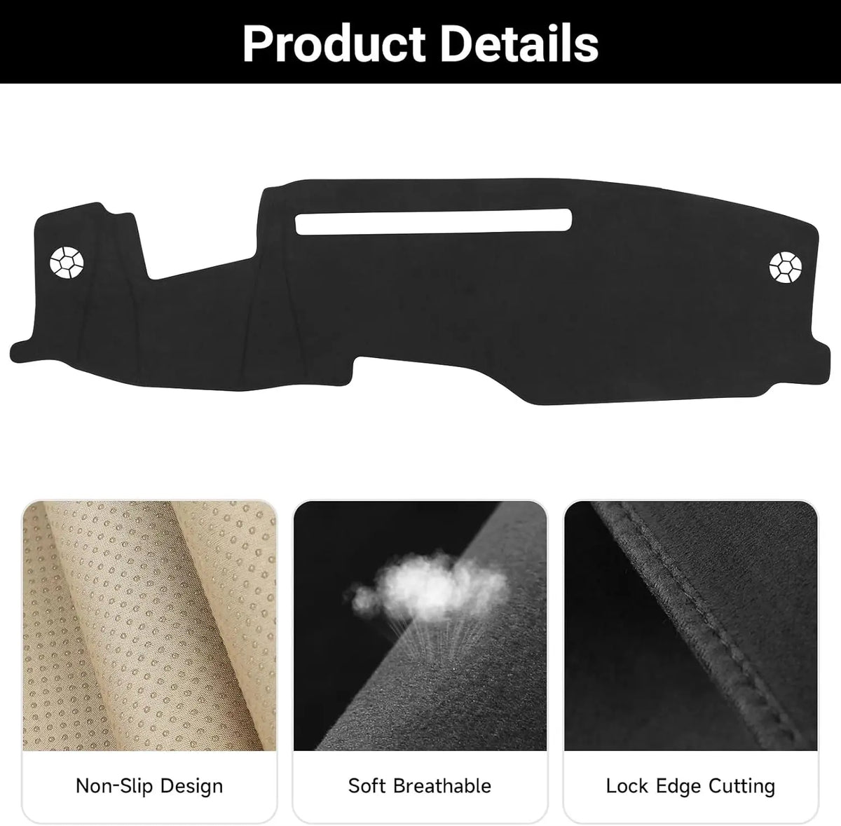 Black universal dash cover for Chevy Silverado and GMC Sierra showing non-slip design, soft breathable material, and lock edg