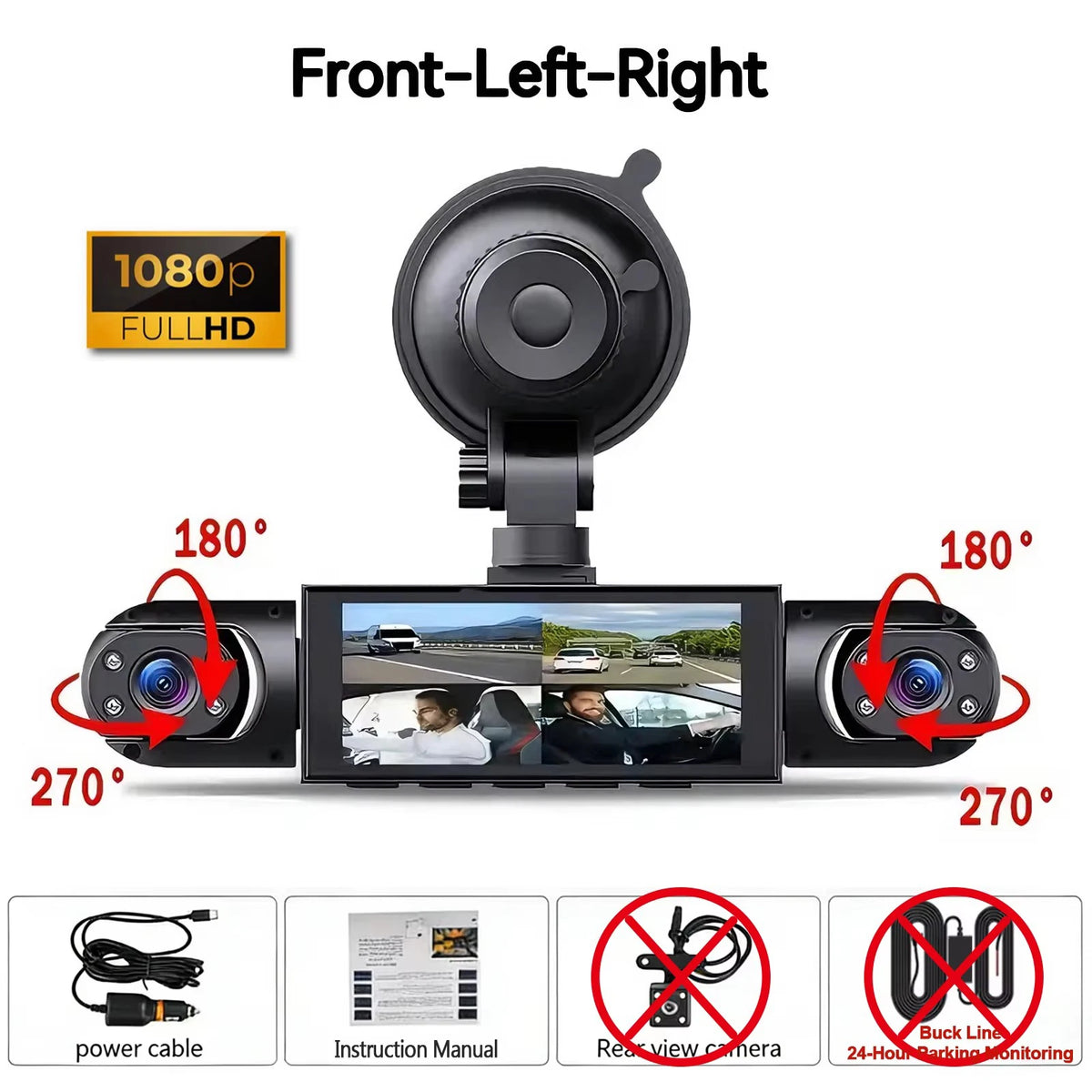 Caméra dashcam avant-gauche-droite montrant divers angles et accessoires comme un câble d'alimentation et un manuel d'instruc