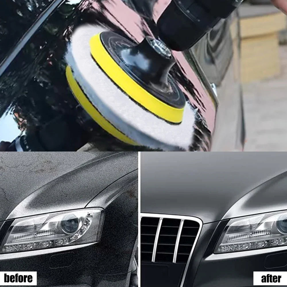 Before and after comparison of automotive polishing discs used for car paint restoration.