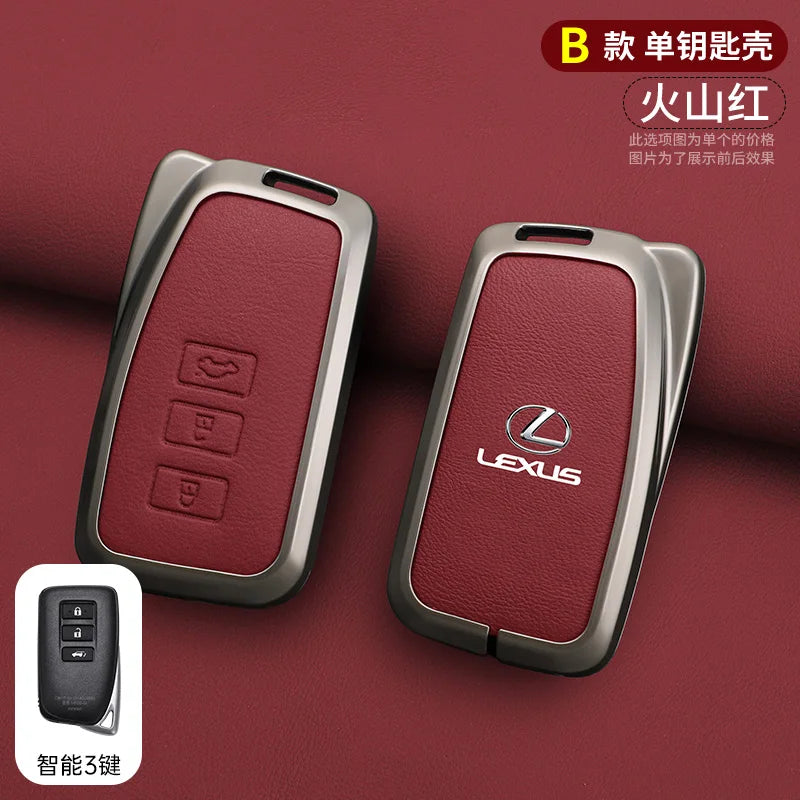 A maroon Lexus car key cover shell is shown next to a black key, highlighting the product.
