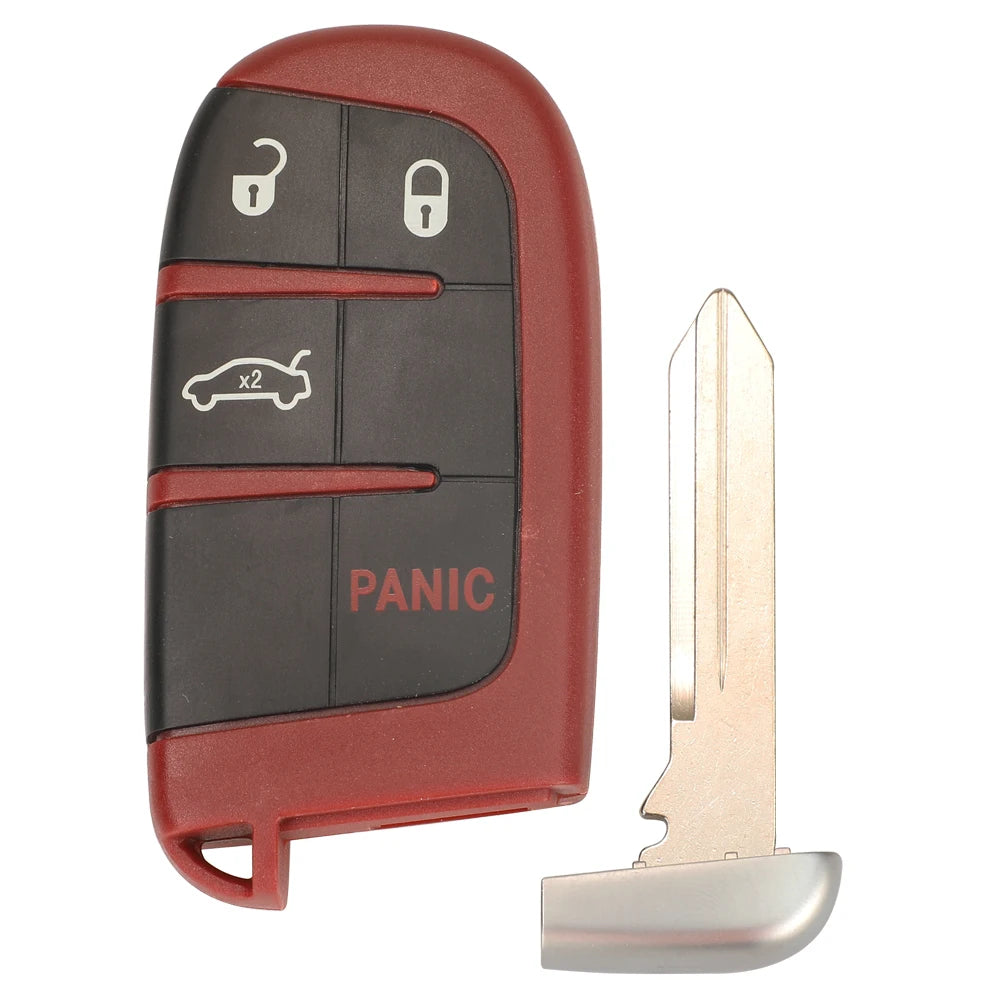 Carcasa de llave aftermarket roja y negra para vehículo, junto a una hoja de llave metálica.
