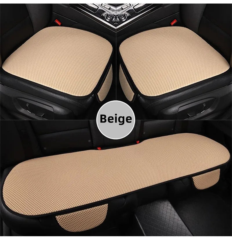 Beige breathable ice silk car seat cushion shown in various angles.