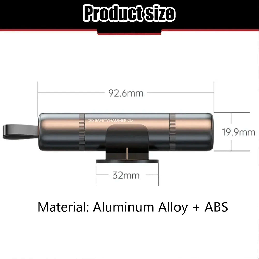 Side view of a metallic safety hammer tool showing its dimensions and material composition.