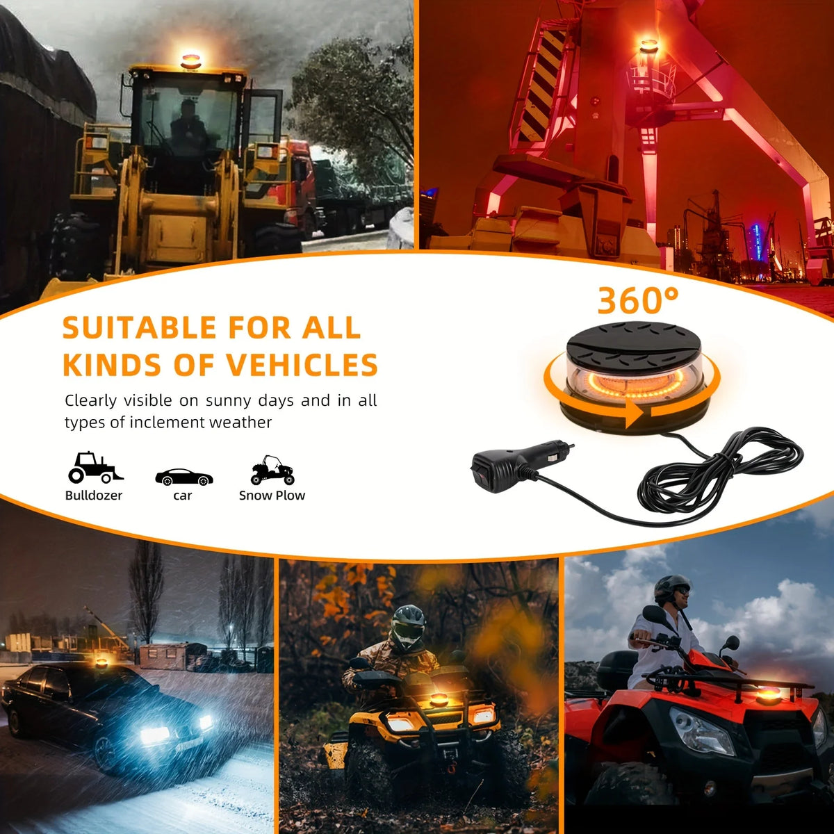 A 360-degree emergency LED strobe light is shown in various vehicle contexts, including a bulldozer, car, and snow plow.