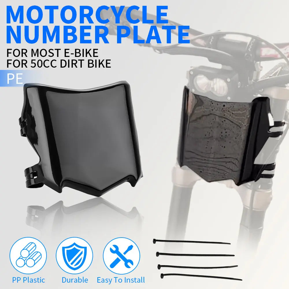 Black motorcycle number plate cover for e-bikes and 50cc bikes made of PP plastic, durable, and easy to install.