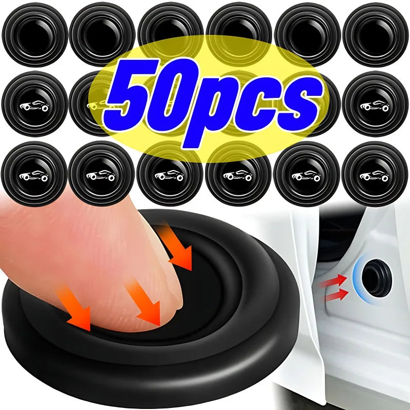 A hand is pressing a black silicone car door shock absorber pad onto a white surface, with a set of ten pads displayed above.