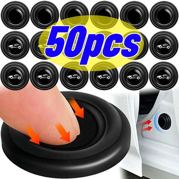 A hand is pressing a black silicone car door shock absorber pad onto a white surface, with a set of ten pads displayed above.
