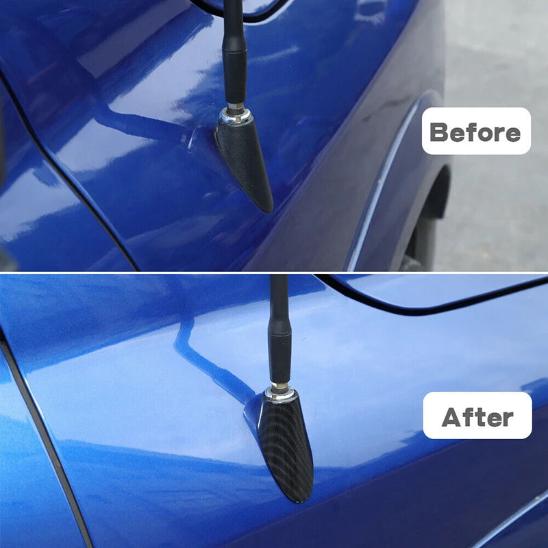 Before and after comparison of a carbon fiber look antenna base trim on a blue Dodge RAM vehicle.