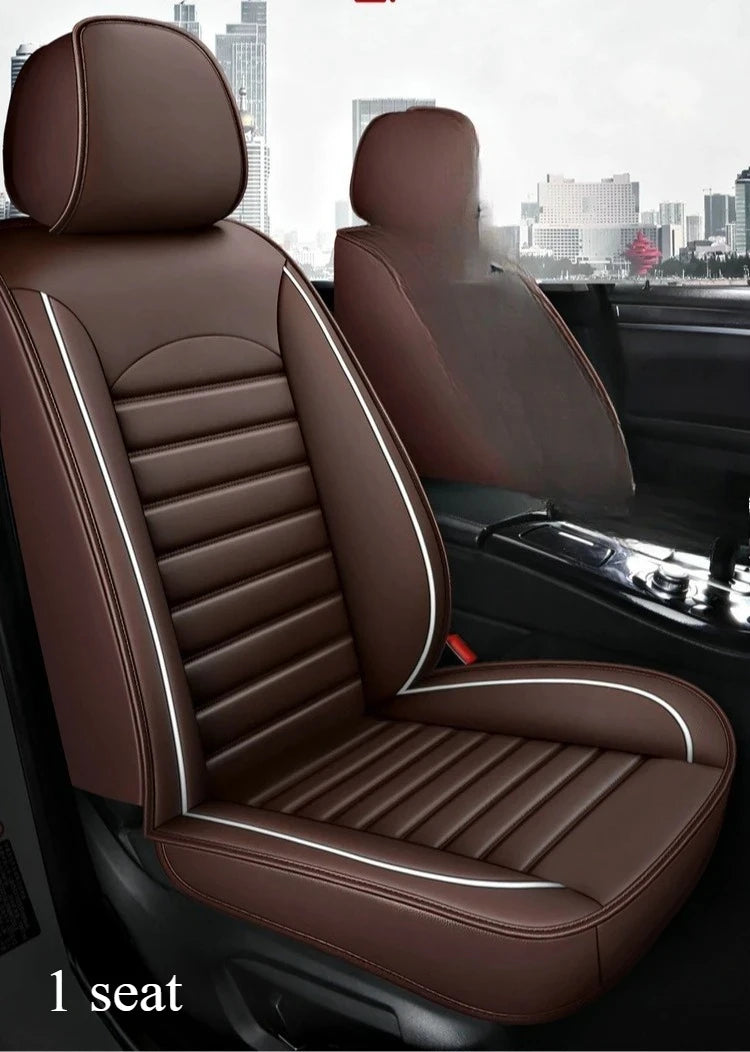 A brown leather car seat cover for a front passenger seat in a vehicle interior.