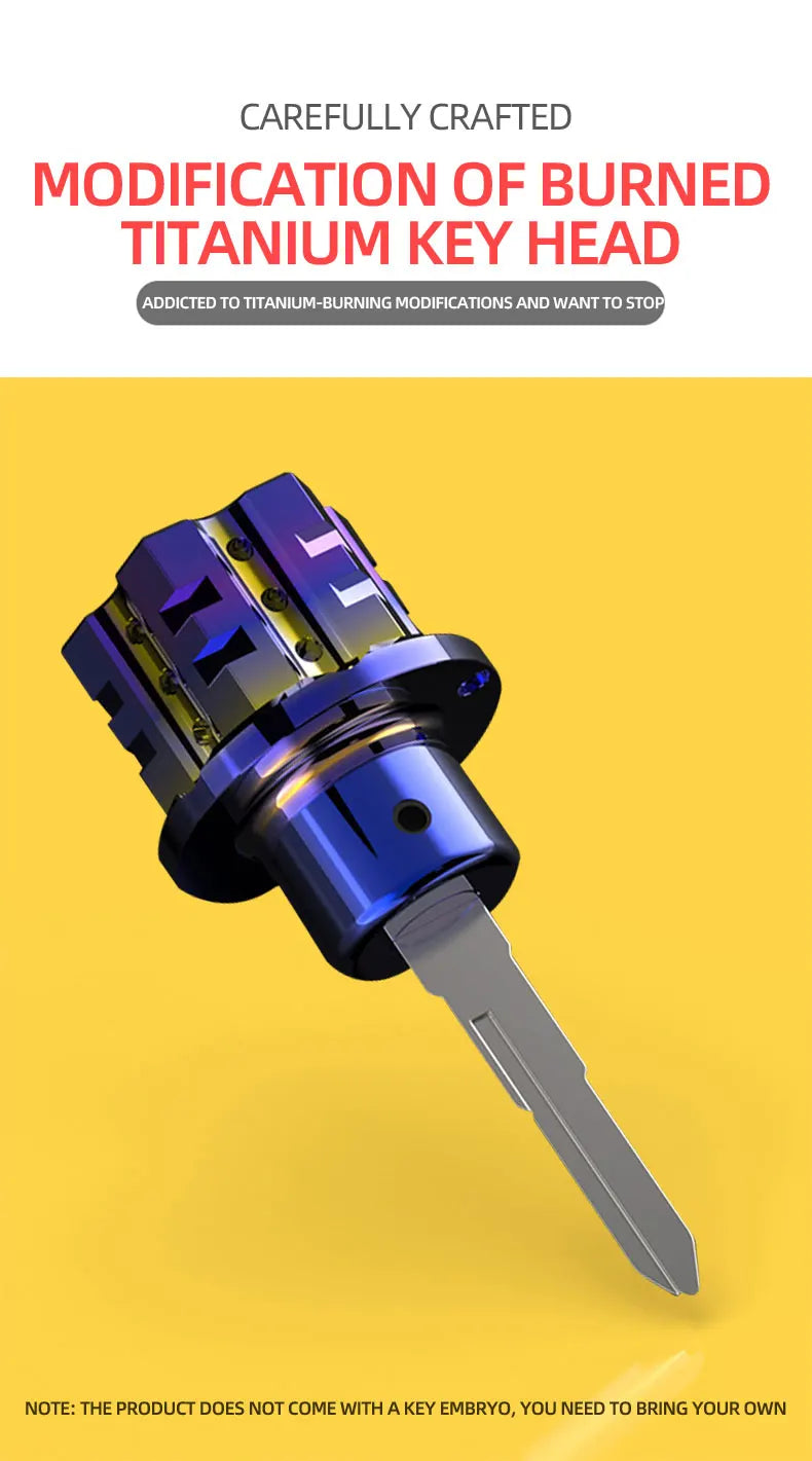 A modification of a burned titanium key head, featuring a dark blue and silver metallic component.