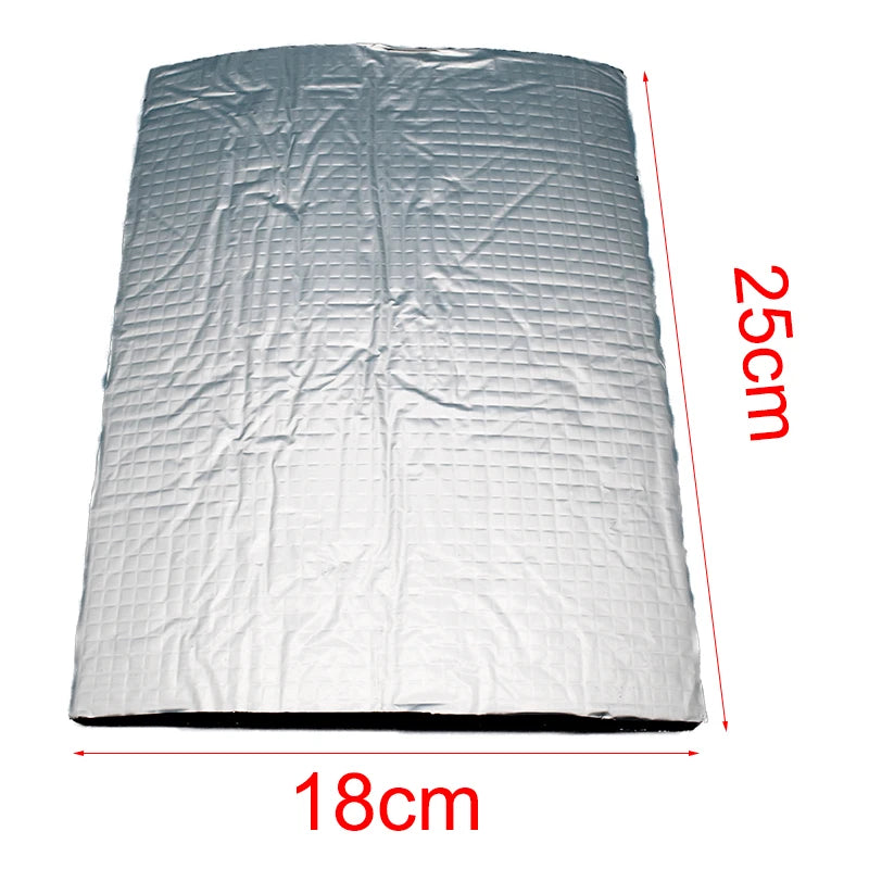 A rectangular silver sound deadening mat for automotive, measuring 18cm by 25cm.