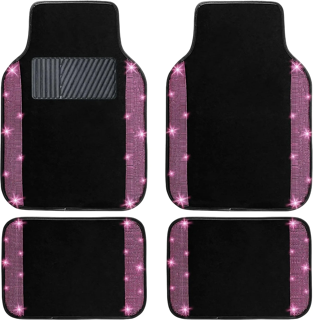 A set of four black car floor mats with sparkling pink diamond accents.