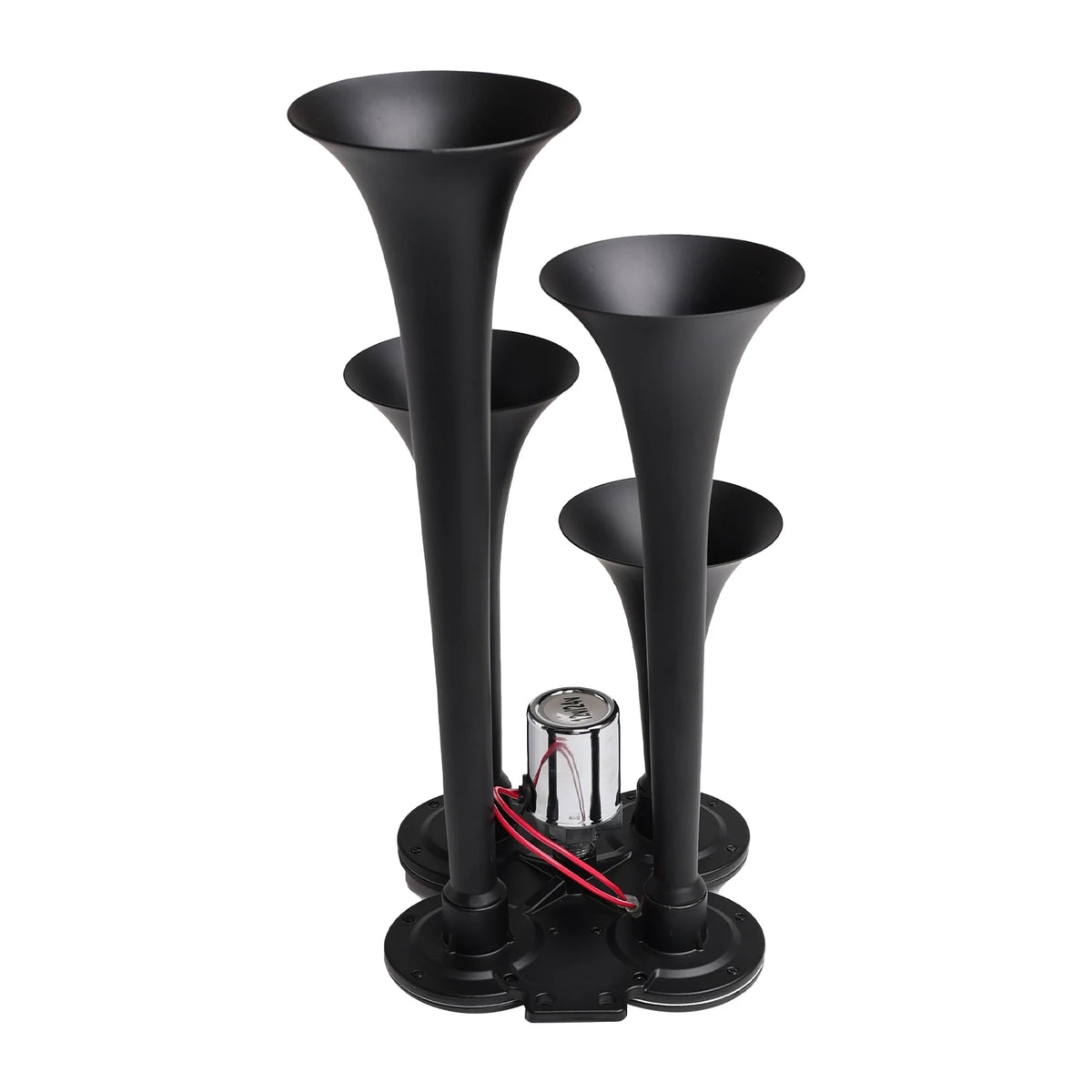 Black heavy-duty air horn system with four tubes and electrical connections