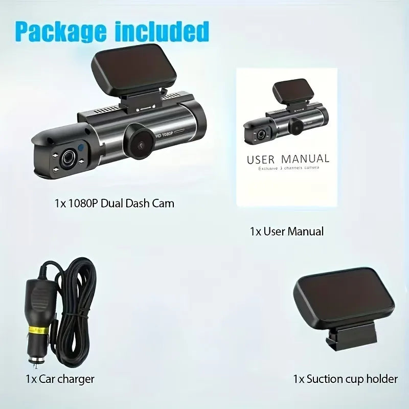 Le pack comprend une caméra Dual Dash Cam 1080P, le manuel d'utilisation, le chargeur et un support à ventouse.