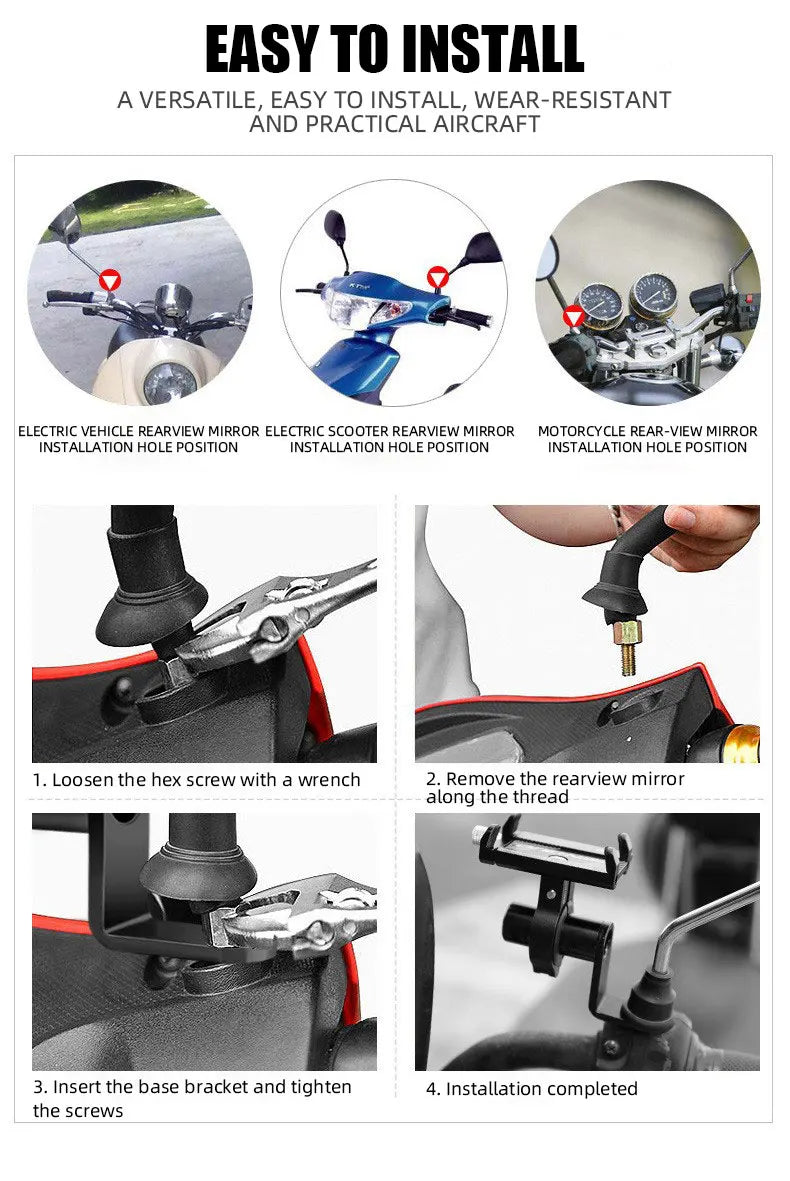 Installation guide showing steps to install a rearview mirror on a motorcycle or bicycle.